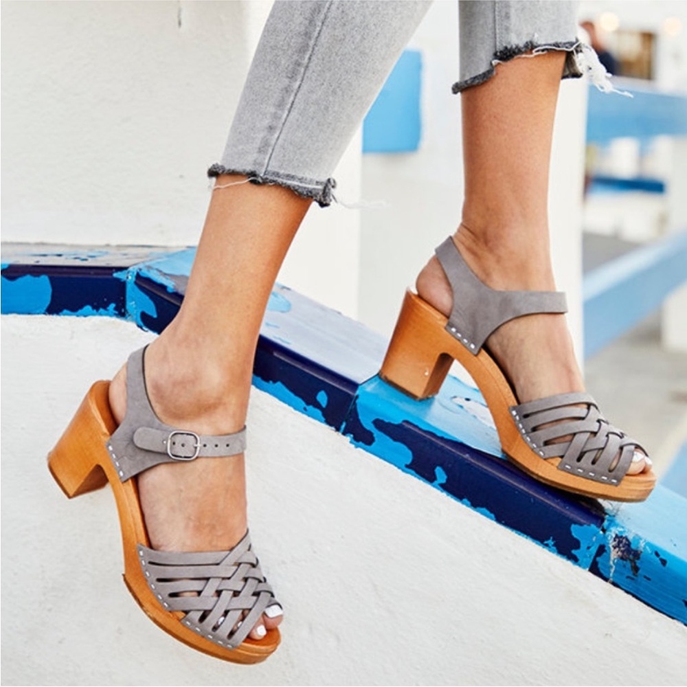 Kulik Swedish Handmade Gray Leather Basket Wooden Sandal Clogs Womens EU 37 US 7